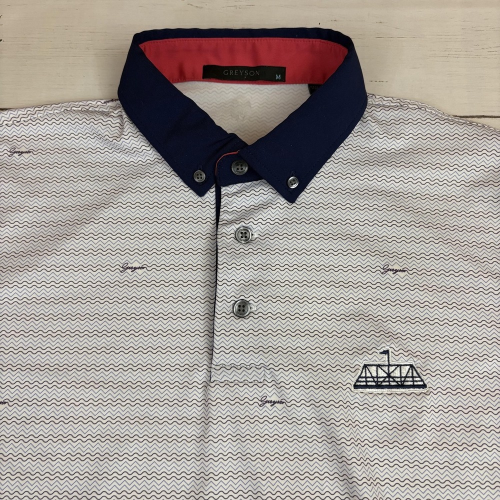Greyson Polo Shirt Mens M White Chevron Franklin Bridge Golf Club Course Logo